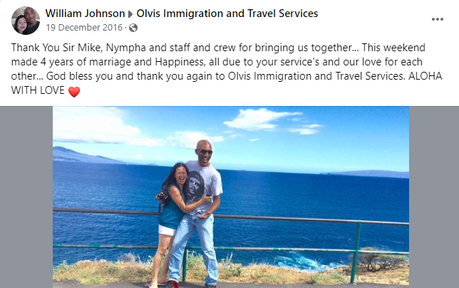 Client testimonial with Olvis visa - William Johnson.